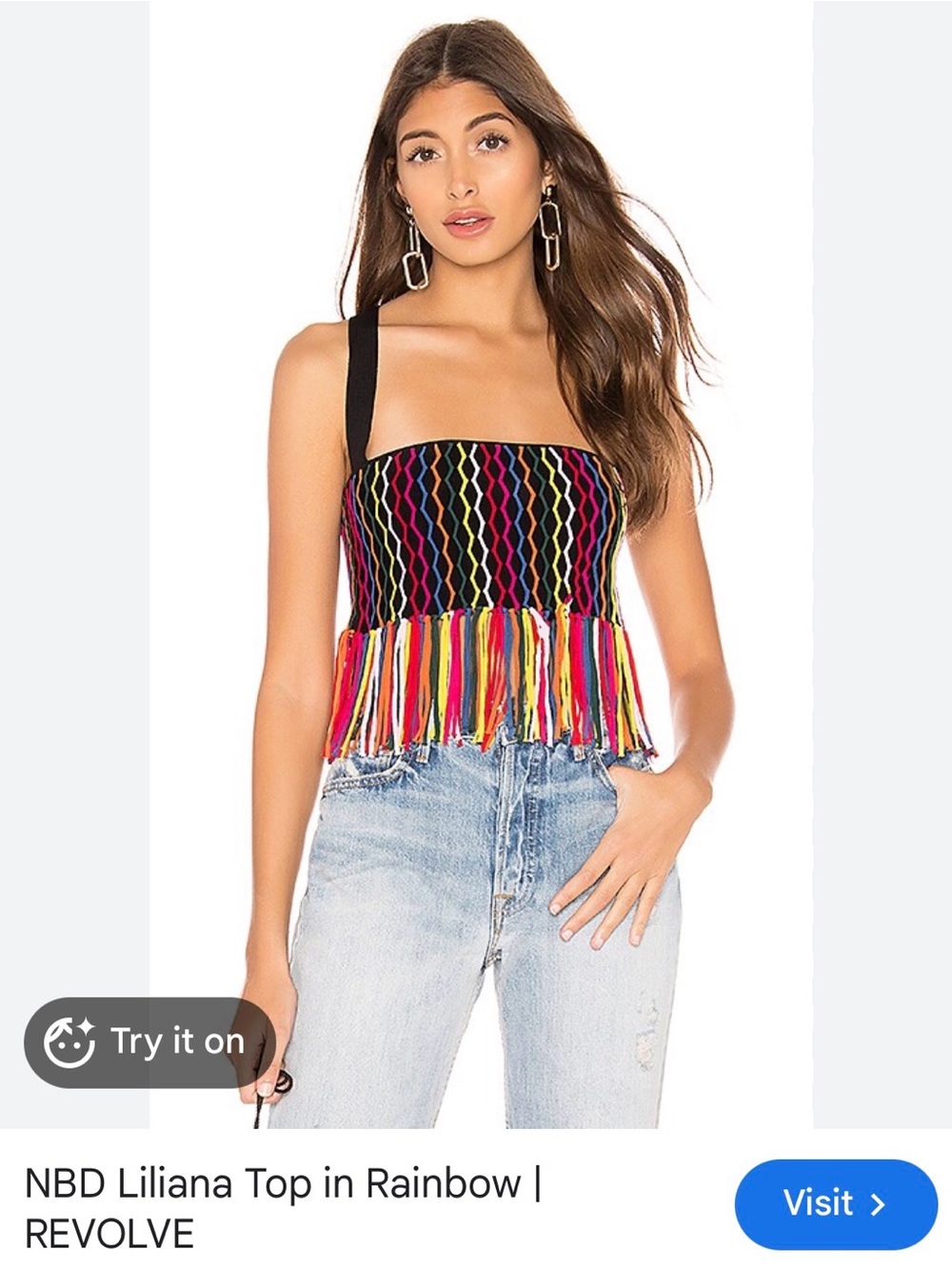 NBD Rainbow Fringe crop Top with Black chris cross Straps xxs nwt 199